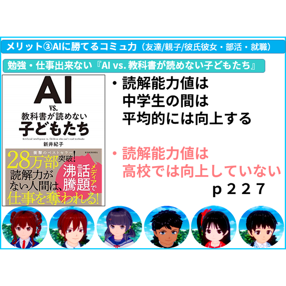 【国語 苦手】読解力は中学は伸びるが、高校伸びないデータあり：『AI vs. 教科書が読めない子どもたち』　【全教科偏差値・仕事力・人間関係UPの勉強法・仕事術】【#読解力筋トレ （読解力・コミュ力・リーダーシップ向上）】#かてこく先生 #きしゃこく　③－３－１－８