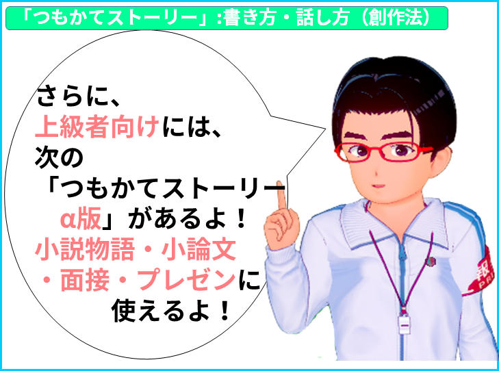 読み方小説物語　さらに、 上級者向けには、 次の 「つもかてストーリー 　α版」があるよ！ 小説物語・小論文 ・面接・プレゼンに 　　　使えるよ！