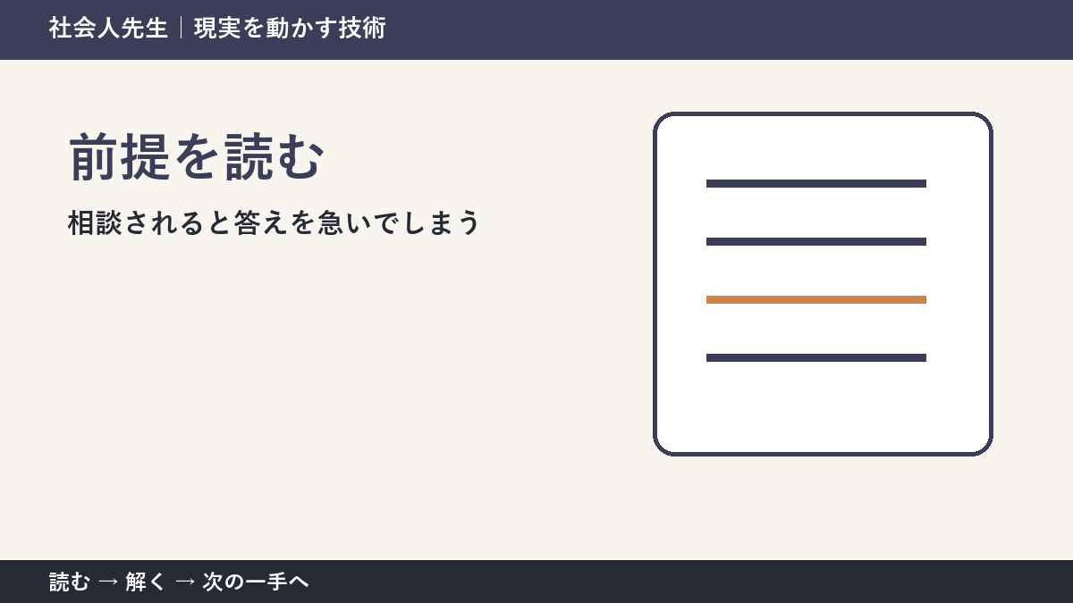 相談されると答えを急いでしまうとき、視点を一段ずらす｜前提を読むを仕事で使う