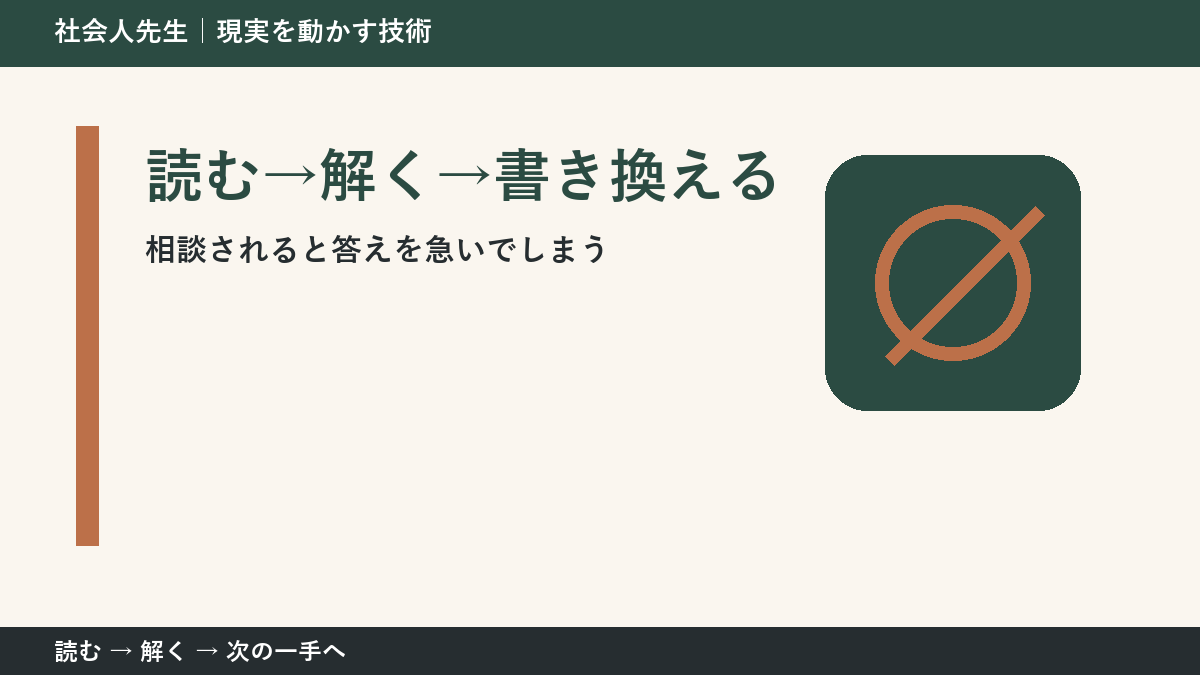 相談されると答えを急いでしまうとき、視点を一段ずらす｜読む→解く→書き換えるを仕事で使う