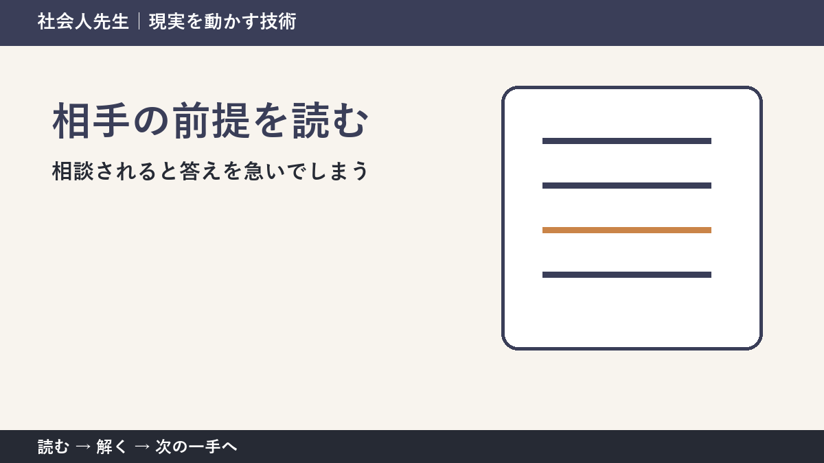 相談されると答えを急いでしまうとき、何を先に確かめる？｜相手の前提を読むの実践
