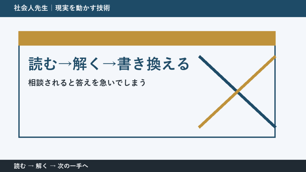 いまの見方を一度疑う｜相談されると答えを急いでしまうときの読む→解く→書き換える