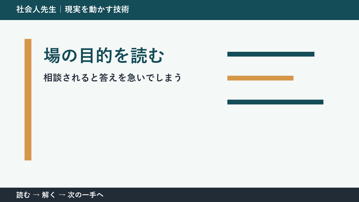 相談されると答えを急いでしまうとき、何を先に確かめる？｜場の目的を読むの実践