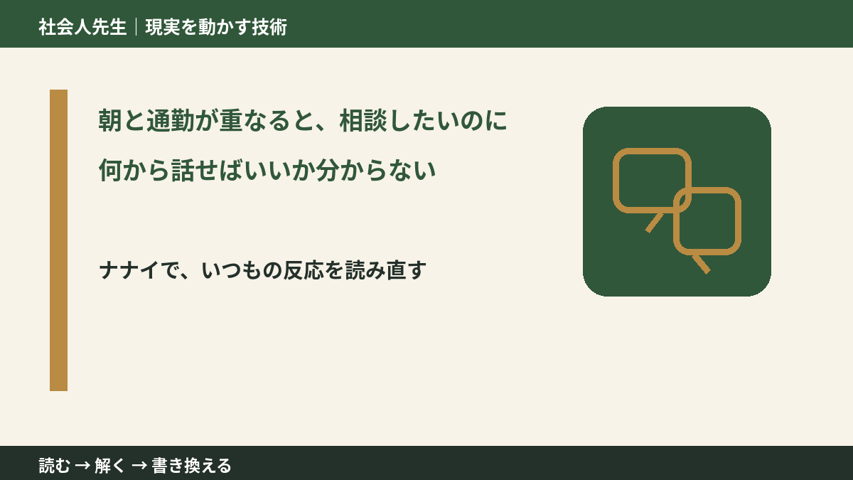 朝と通勤が重なると、相談したいのに何から話せばいいか分からないとき、どうする？｜事実と解釈を分ける