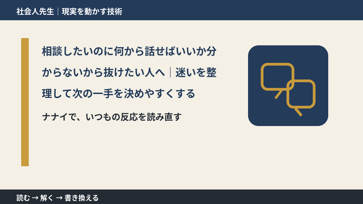 相談したいのに何から話せばいいか分からないから抜けたい人へ｜迷いを整理して次の一手を決めやすくするとき、どうする？｜事実と解釈を分ける