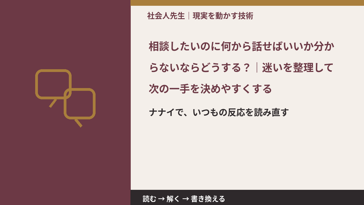 相談したいのに何から話せばいいか分からないならどうする？｜迷いを整理して次の一手を決めやすくするとき、どうする？｜事実と解釈を分ける