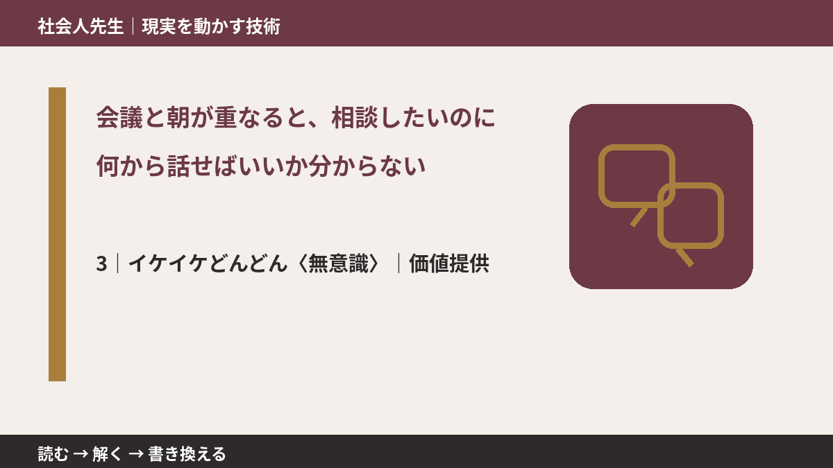 会議と朝が重なると、相談したいのに何から話せばいいか分からないとき、気合いでなく自然に動ける状態を育てる｜価値提供