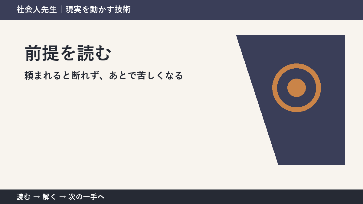 職場で急な依頼を受ける場面で迷ったら、答えより先に読むものがある｜前提を読む