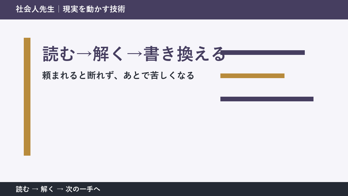 頼まれると断れず、あとで苦しくなるとき、視点を一段ずらす｜読む→解く→書き換えるを仕事で使う