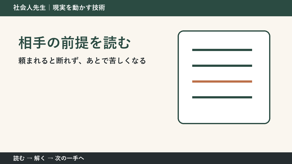 職場で急な依頼を受ける場面の迷いを小さくする｜相手の前提を読むで『次に確認すること』を決める