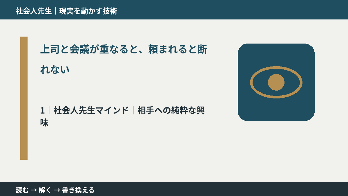 上司と会議が重なると、頼まれると断れないとき、自分の見方だけで決めないために｜相手への純粋な興味