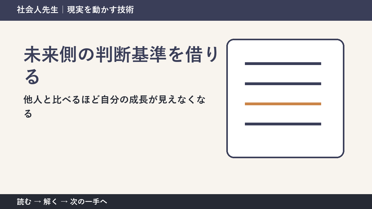 他人と比べるほど自分の成長が見えなくなる。その前に一つだけ読む｜未来側の判断基準を借りるで判断を軽くする