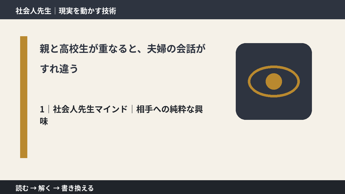 親と高校生が重なると、夫婦の会話がすれ違うとき、自分の見方だけで決めないために｜相手への純粋な興味