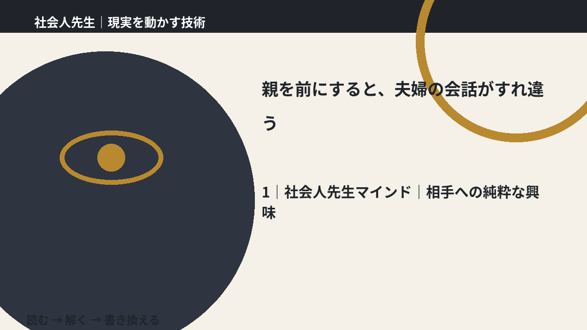 親を前にすると、夫婦の会話がすれ違うとき、自分の見方だけで決めないために｜相手への純粋な興味