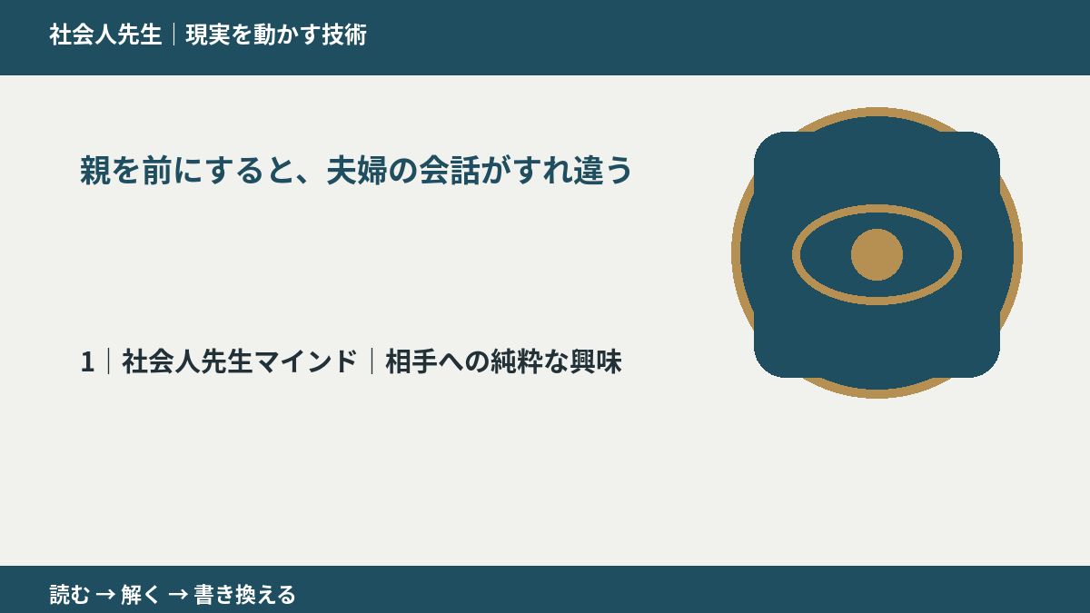 親を前にすると、夫婦の会話がすれ違うとき、自分の見方だけで決めないために|相手への純粋な興味