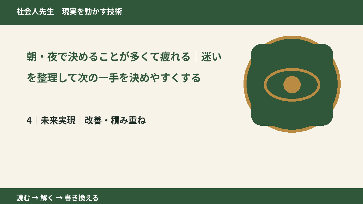 朝・夜で決めることが多くて疲れる｜迷いを整理して次の一手を決めやすくするとき、未来へつながる次の一手は？｜改善・積み重ね