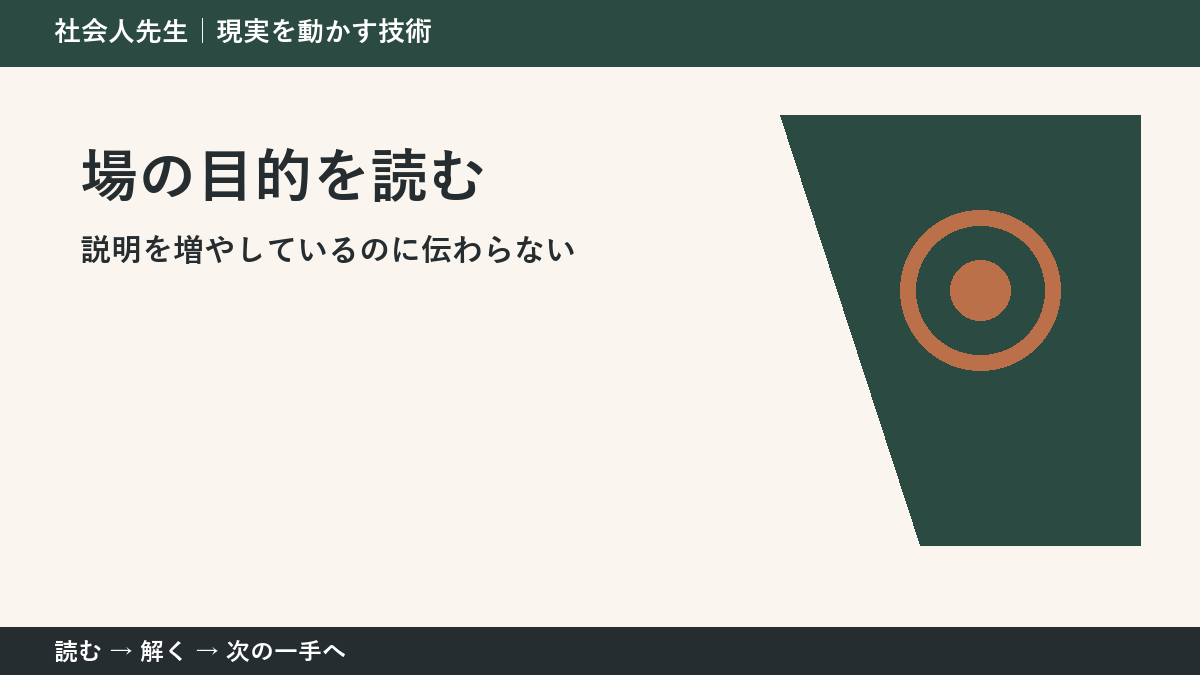 説明を増やしているのに伝わらない。その前に一つだけ読む｜場の目的を読むで判断を軽くする
