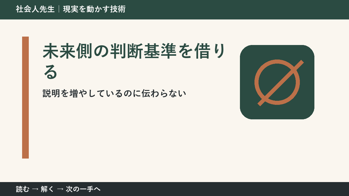 いまの見方を一度疑う|説明を増やしているのに伝わらないときの未来側の判断基準を借りる
