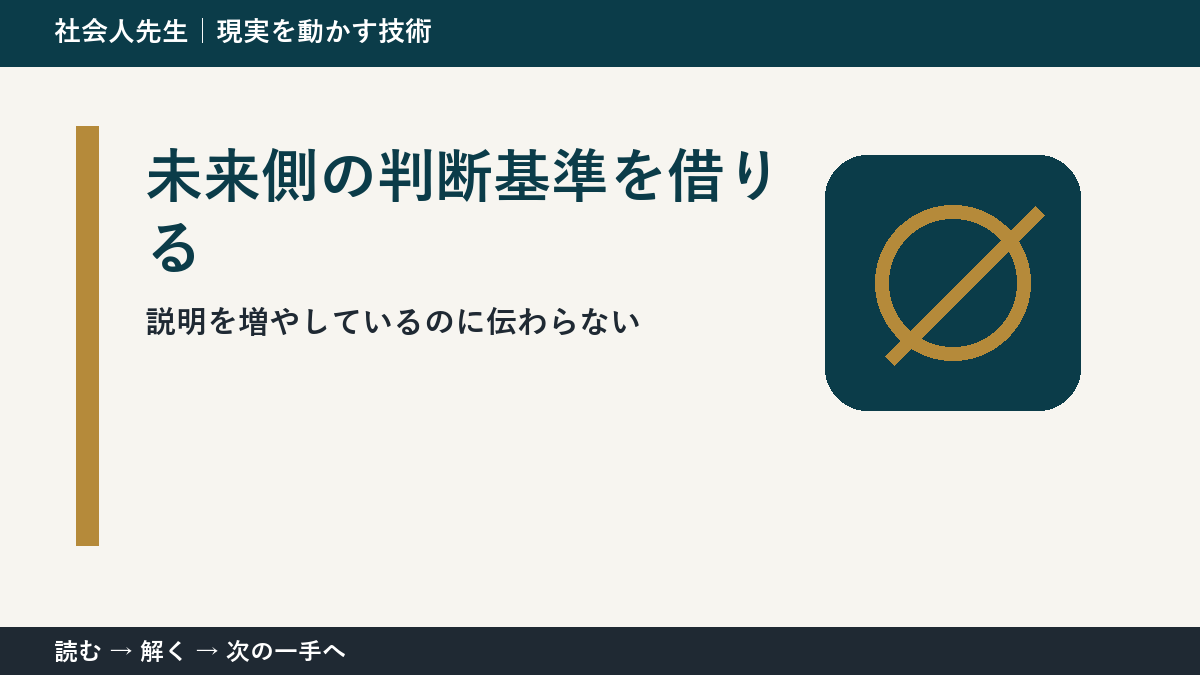 いまの見方を一度疑う｜説明を増やしているのに伝わらないときの未来側の判断基準を借りる