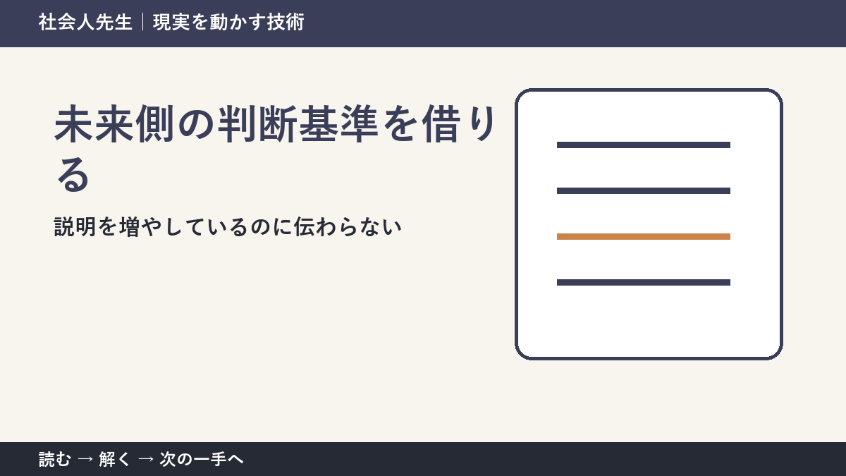 いまの見方を一度疑う｜説明を増やしているのに伝わらないときの未来側の判断基準を借りる