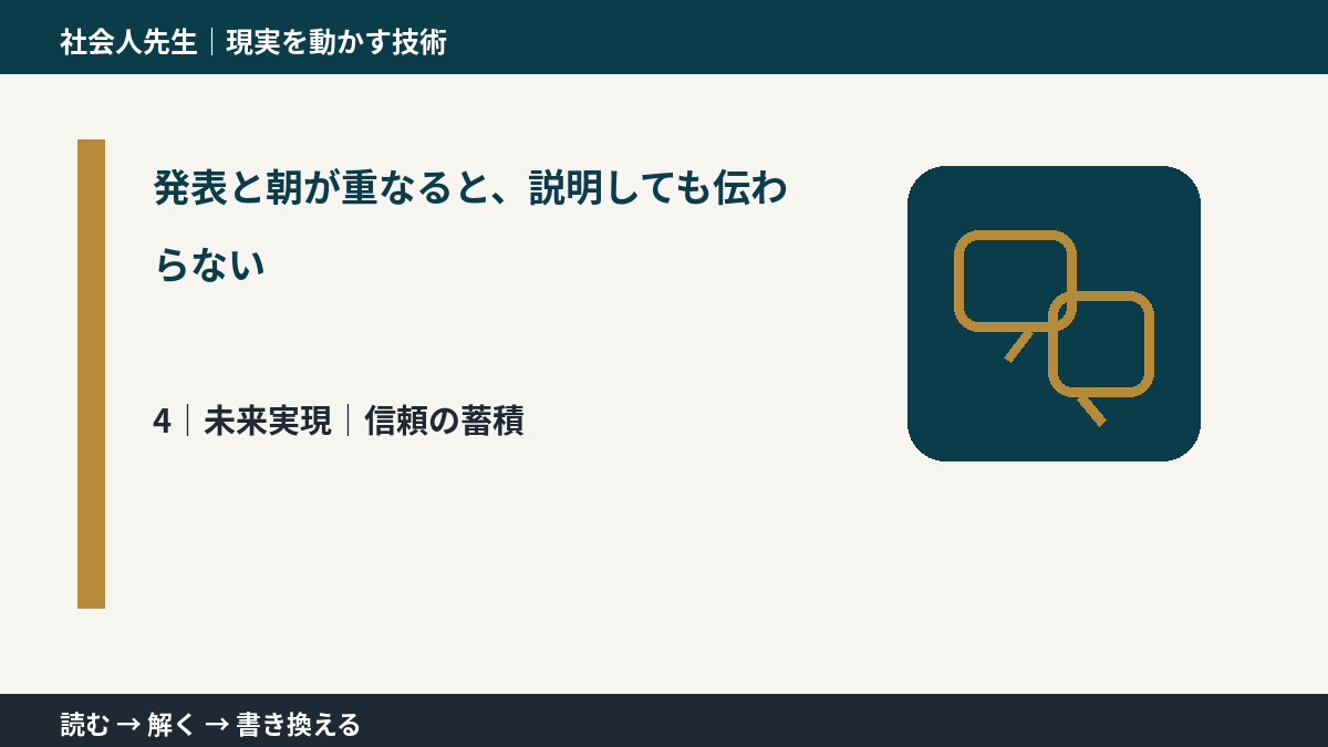 発表と朝が重なると、説明しても伝わらないとき、未来へつながる次の一手は？｜信頼の蓄積