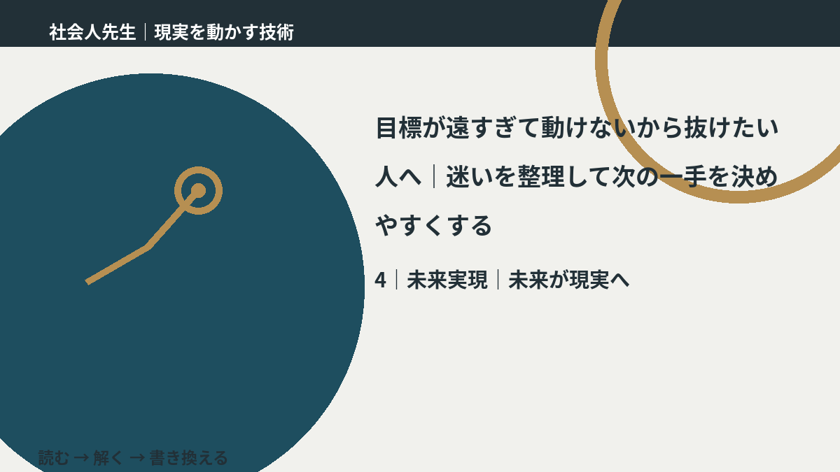 目標が遠すぎて動けないから抜けたい人へ｜迷いを整理して次の一手を決めやすくするとき、未来へつながる次の一手は？｜未来が現実へ