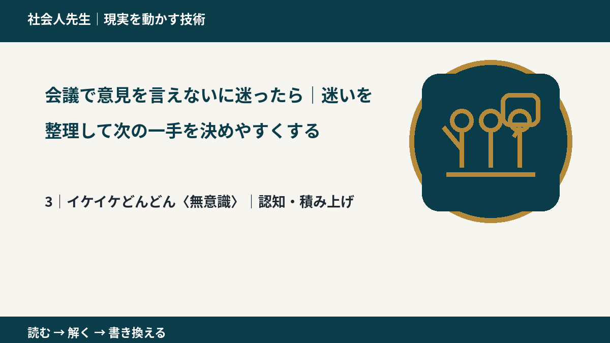 会議で意見を言えないに迷ったら｜迷いを整理して次の一手を決めやすくするとき、気合いでなく自然に動ける状態を育てる｜認知・積み上げ