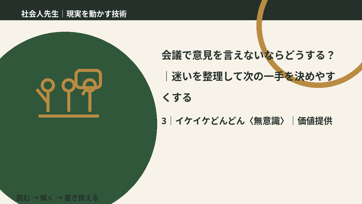 会議で意見を言えないならどうする？｜迷いを整理して次の一手を決めやすくするとき、気合いでなく自然に動ける状態を育てる｜価値提供