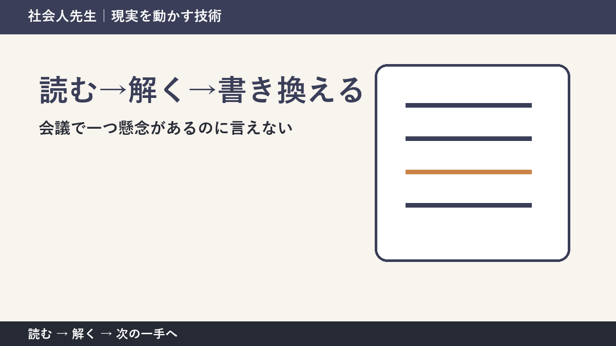 会議で一つ懸念があるのに言えないときの3分整理|読む→解く→書き換えるで確認点をつくる