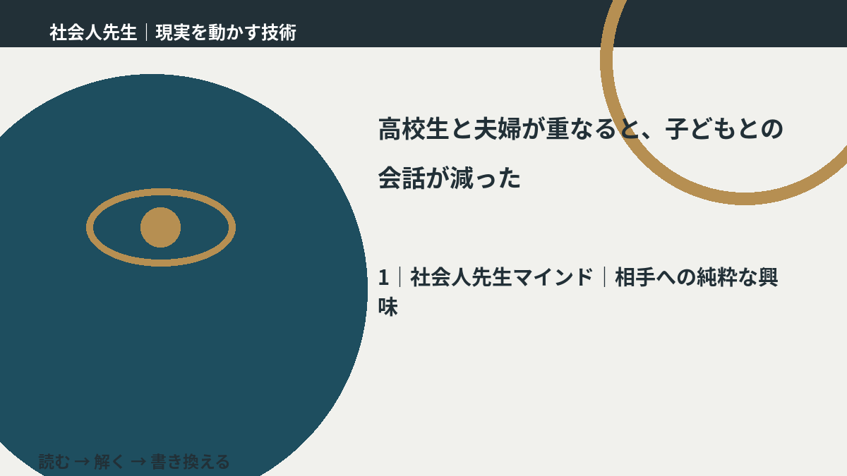 高校生と夫婦が重なると、子どもとの会話が減ったとき、自分の見方だけで決めないために｜相手への純粋な興味