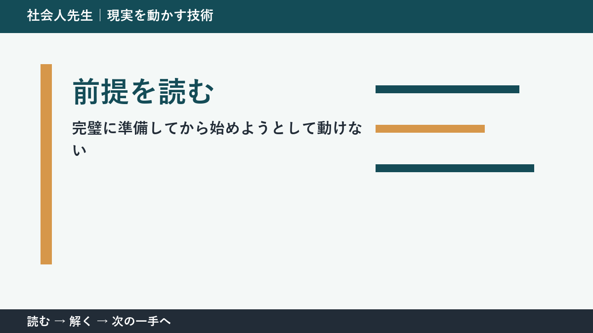 完璧に準備してから始めようとして動けないとき、何を先に確かめる？｜前提を読むの実践