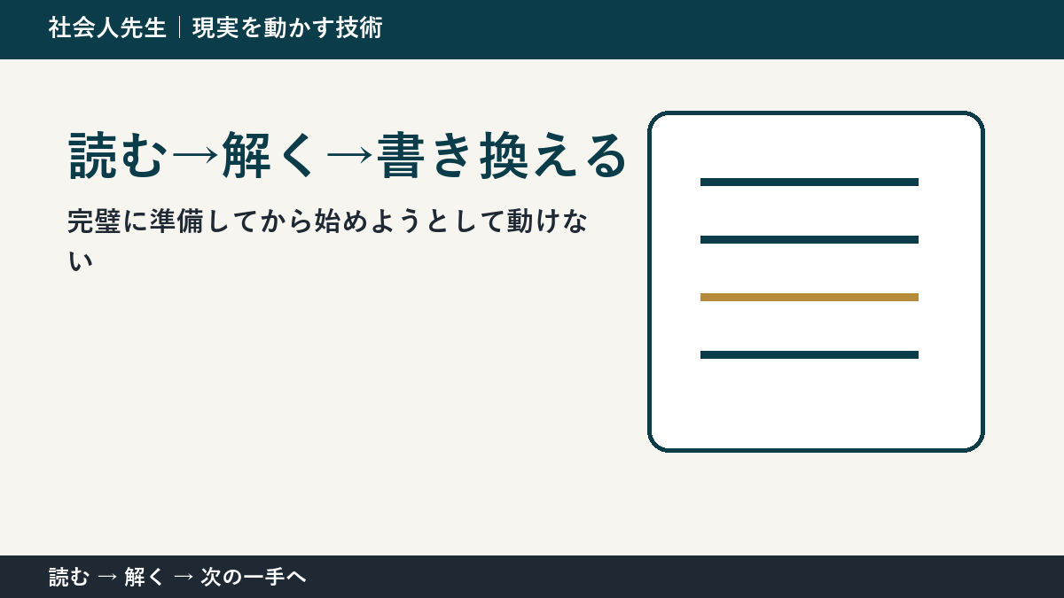 完璧に準備してから始めようとして動けないとき、最初に変えるのは答えではない｜読む→解く→書き換えるで次の一手をつくる