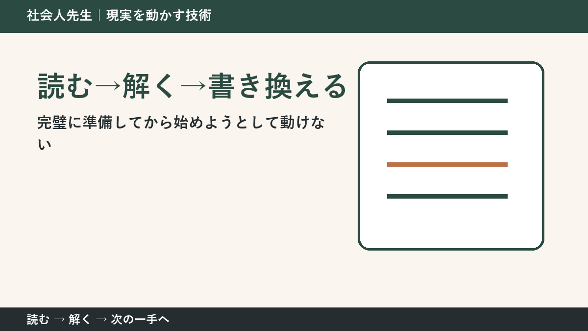 完璧に準備してから始めようとして動けないとき、最初に変えるのは答えではない｜読む→解く→書き換えるで次の一手をつくる