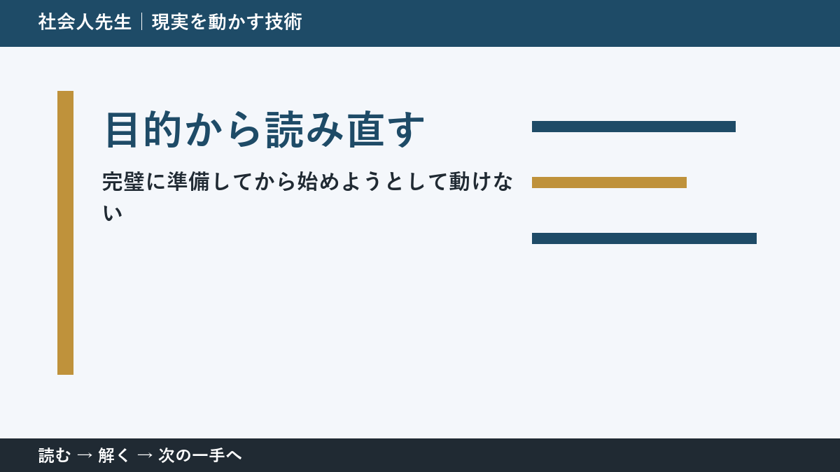 完璧に準備してから始めようとして動けないとき、何を先に確かめる？｜目的から読み直すの実践