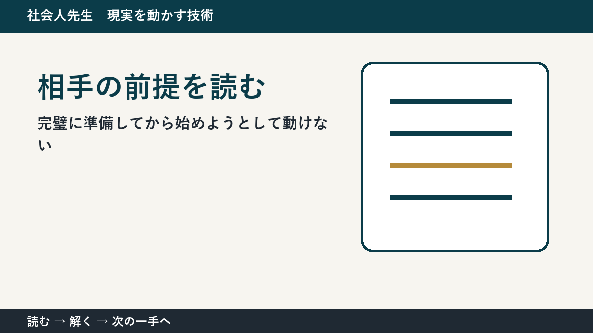 完璧に準備してから始めようとして動けないとき、最初に変えるのは答えではない｜相手の前提を読むで次の一手をつくる