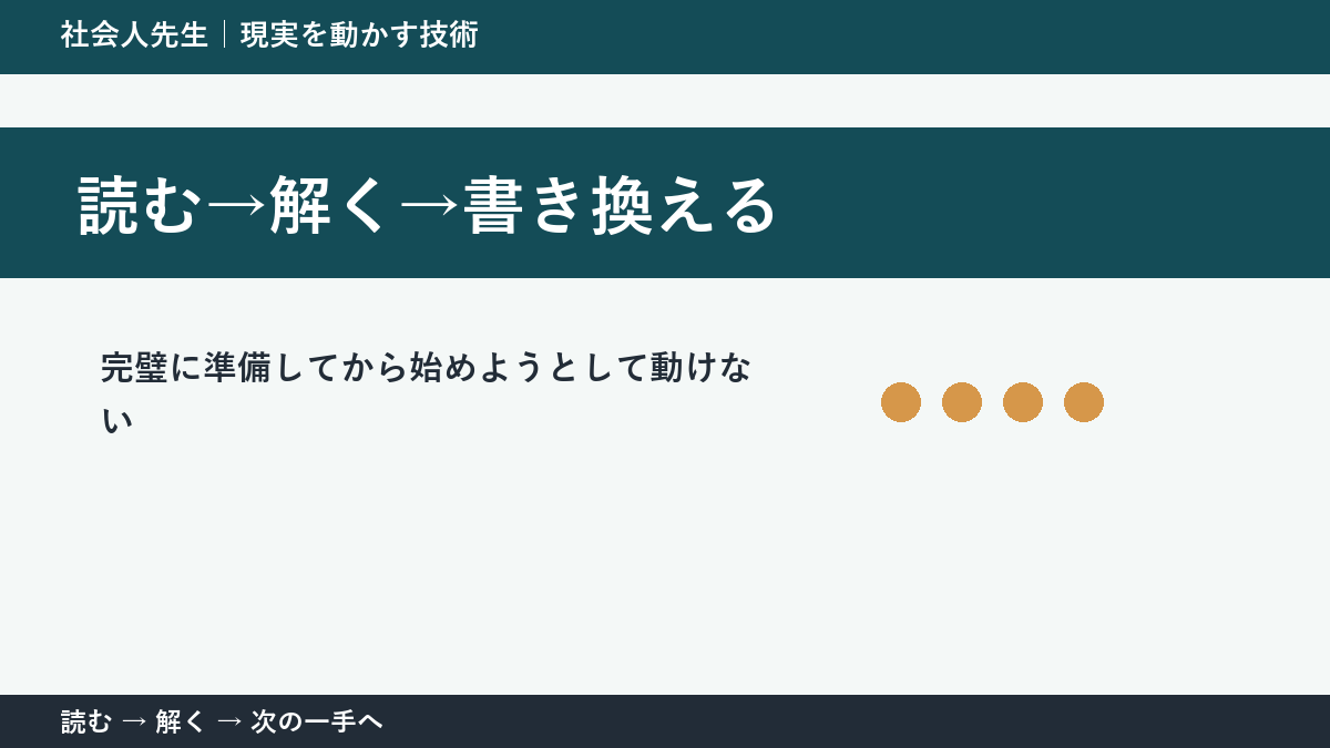 なぜ完璧に準備してから始めようとして動けないのか｜読む→解く→書き換えるで『いま見えている現実』を読み直す
