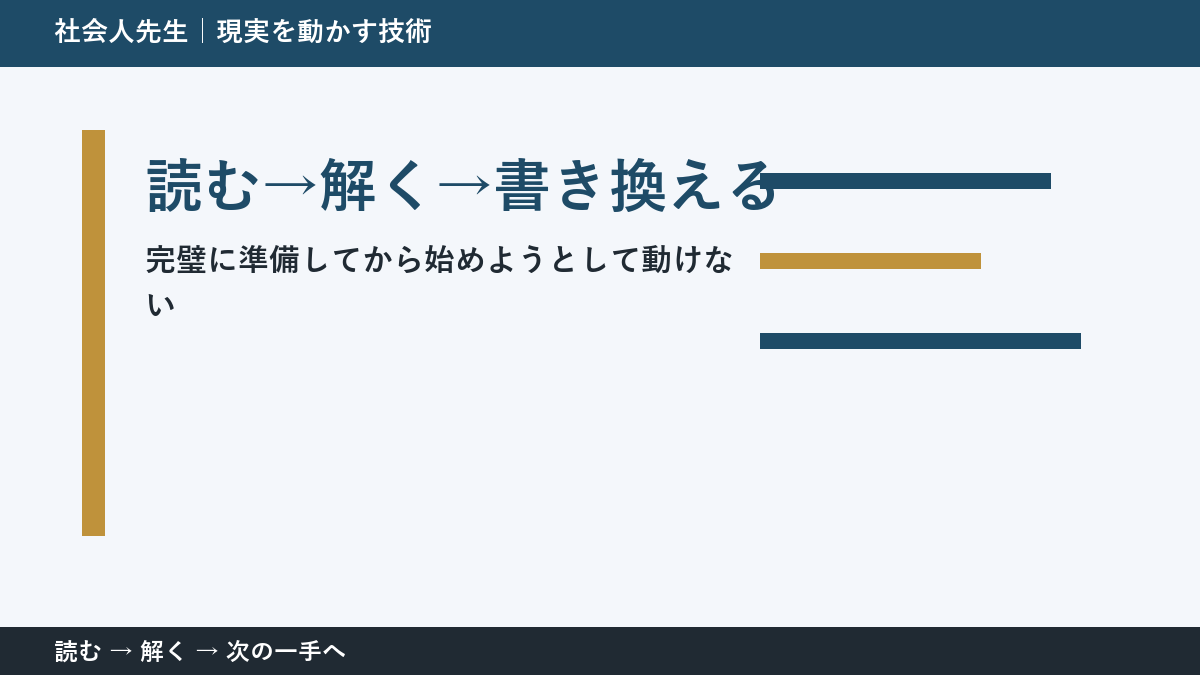 完璧に準備してから始めようとして動けないとき、何を先に確かめる？｜読む→解く→書き換えるの実践