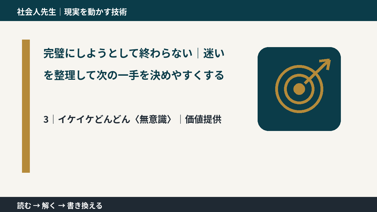 完璧にしようとして終わらない｜迷いを整理して次の一手を決めやすくするとき、気合いでなく自然に動ける状態を育てる｜価値提供
