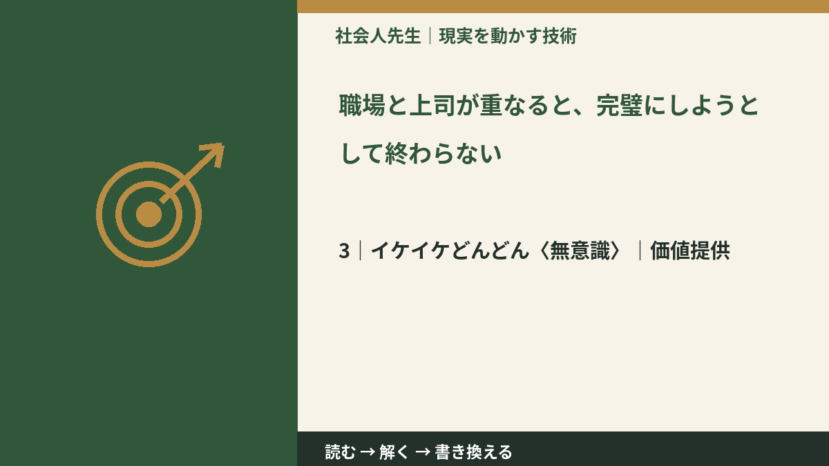 職場と上司が重なると、完璧にしようとして終わらないとき、気合いでなく自然に動ける状態を育てる｜価値提供