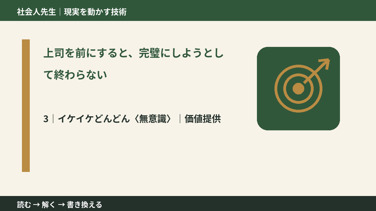 上司を前にすると、完璧にしようとして終わらないとき、気合いでなく自然に動ける状態を育てる｜価値提供