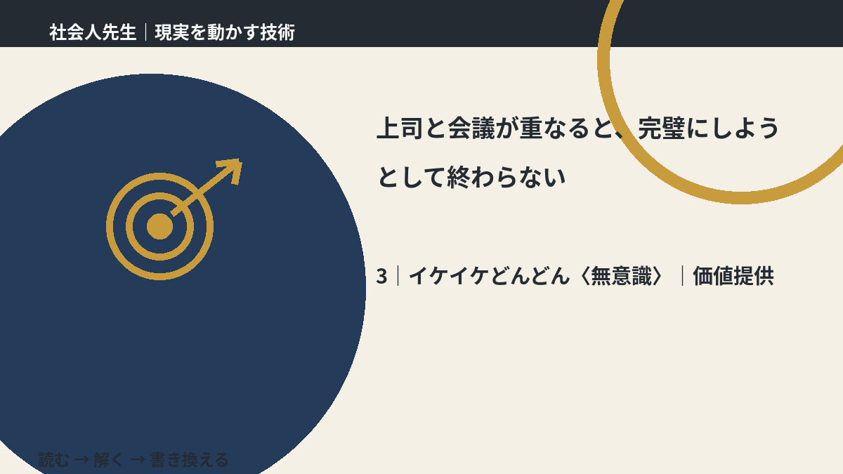上司と会議が重なると、完璧にしようとして終わらないとき、気合いでなく自然に動ける状態を育てる｜価値提供