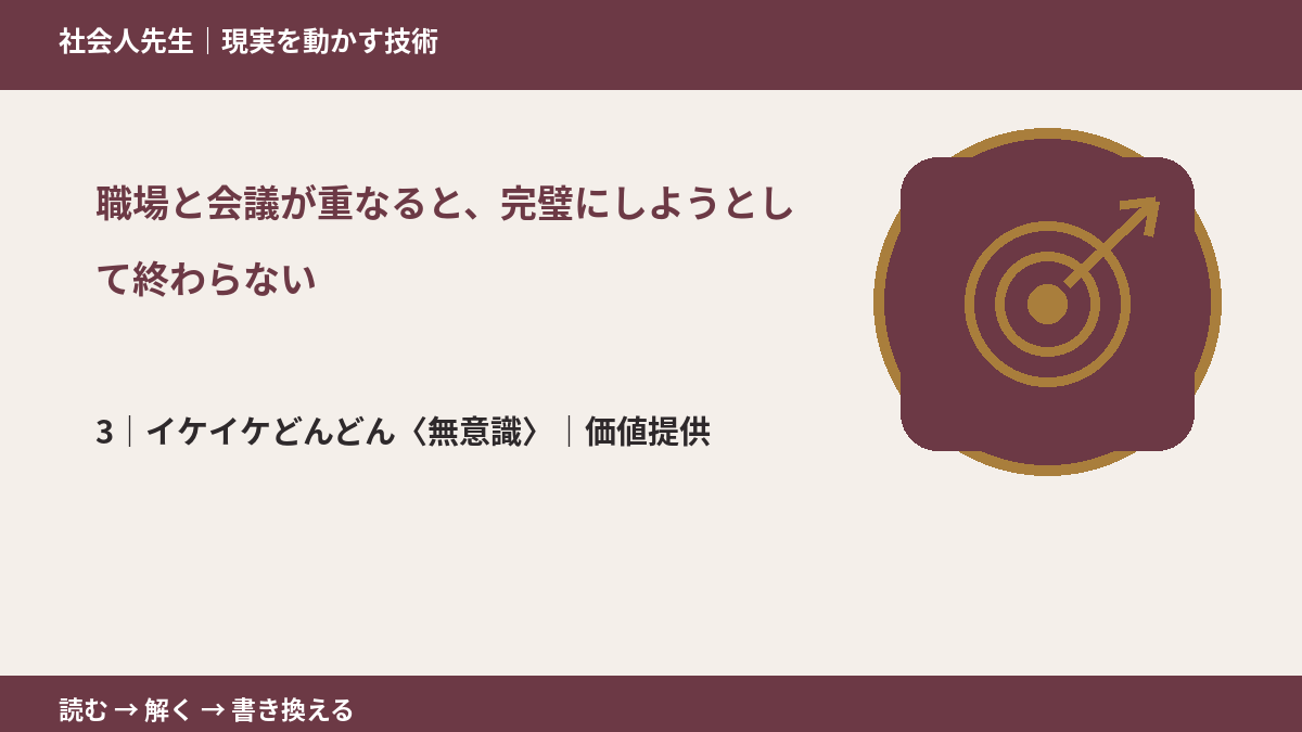 職場と会議が重なると、完璧にしようとして終わらないとき、気合いでなく自然に動ける状態を育てる｜価値提供