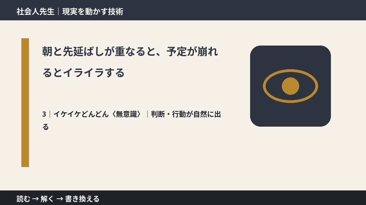 朝と先延ばしが重なると、予定が崩れるとイライラするとき、気合いでなく自然に動ける状態を育てる｜判断・行動が自然に出る