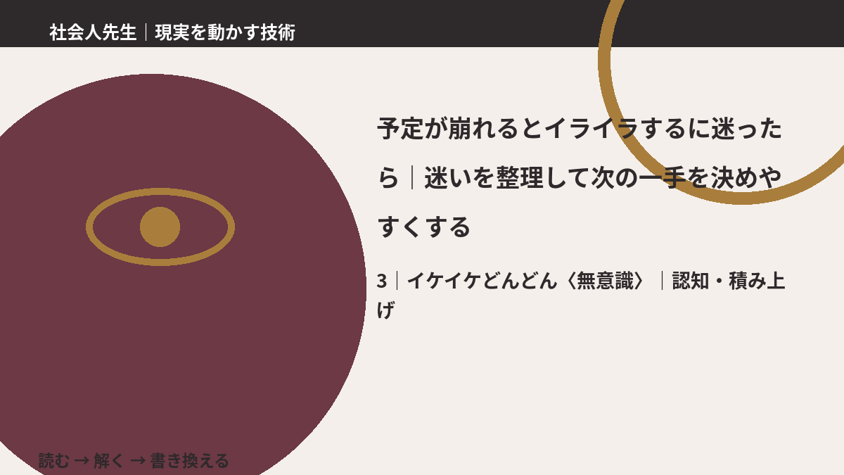 予定が崩れるとイライラするに迷ったら｜迷いを整理して次の一手を決めやすくするとき、気合いでなく自然に動ける状態を育てる｜認知・積み上げ