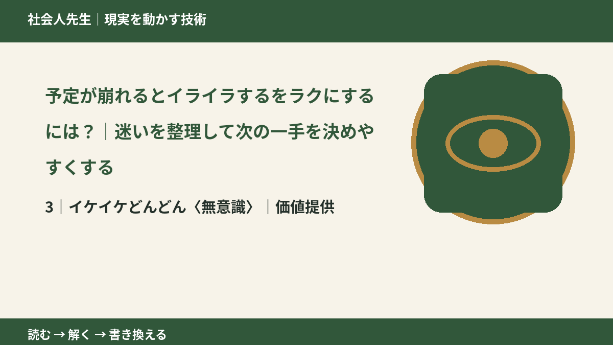 予定が崩れるとイライラするをラクにするには？｜迷いを整理して次の一手を決めやすくするとき、気合いでなく自然に動ける状態を育てる｜価値提供