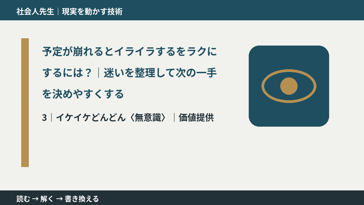 予定が崩れるとイライラするをラクにするには？｜迷いを整理して次の一手を決めやすくするとき、気合いでなく自然に動ける状態を育てる｜価値提供