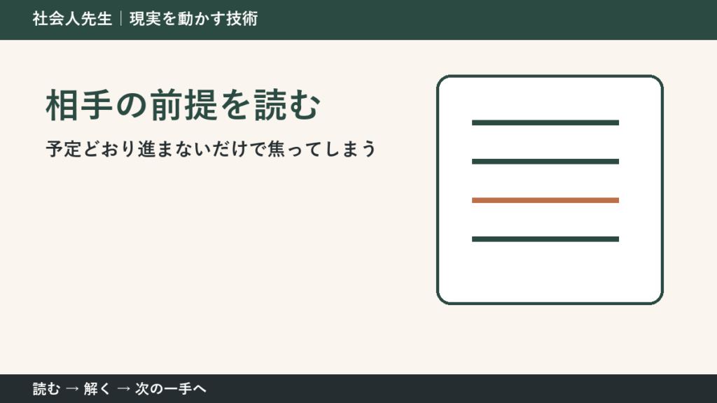 なぜ予定どおり進まないだけで焦ってしまうのか｜相手の前提を読むで『いま見えている現実』を読み直す