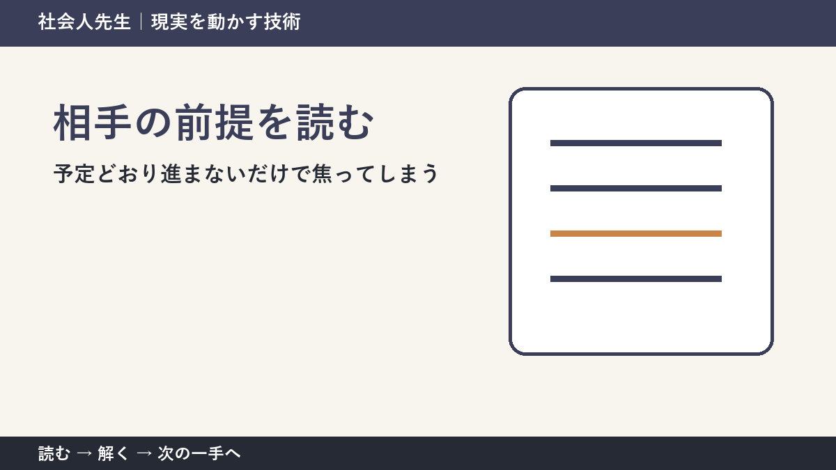 判断を急ぐほど見えなくなるもの｜予定どおり進まないだけで焦ってしまうときの相手の前提を読む