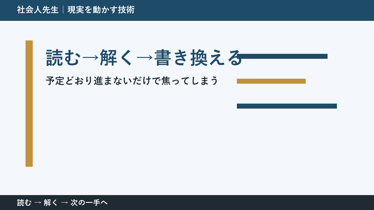 予定どおり進まないだけで焦ってしまうとき、視点を一段ずらす｜読む→解く→書き換えるを仕事で使う