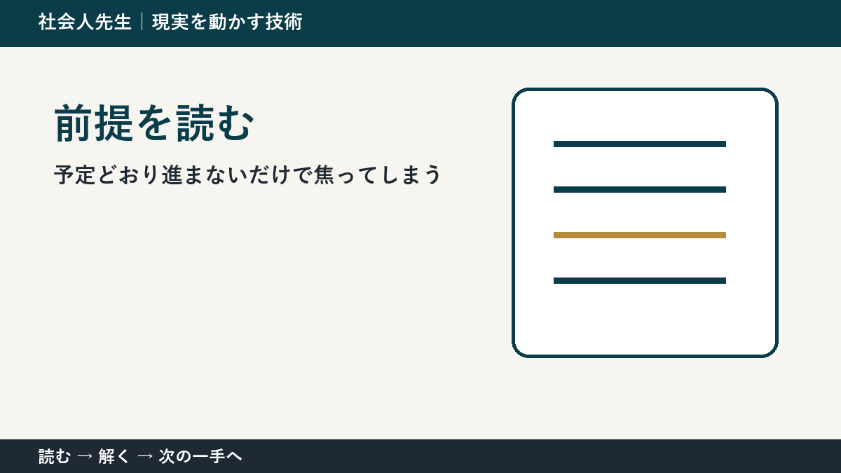 予定どおり進まないだけで焦ってしまうとき、最初に変えるのは答えではない｜前提を読むで次の一手をつくる